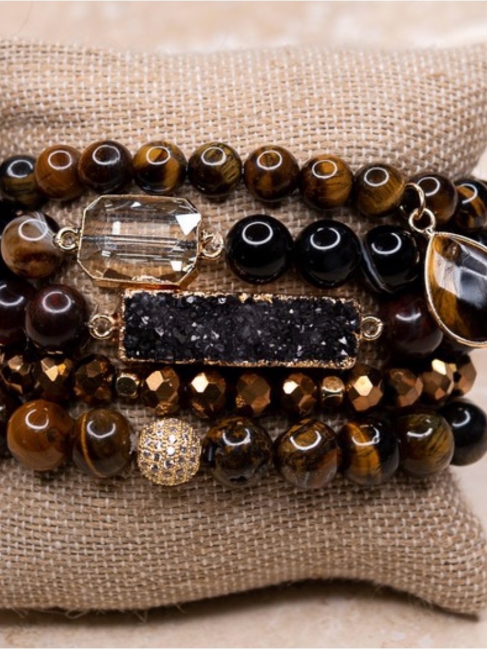dylan Tiger Eye, Black Druzy & Gold Accent Bracelet Stack